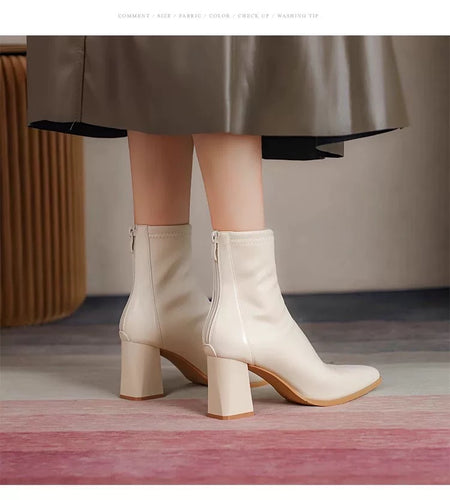 Noelia Short Leather Pointed Ankle Boots - back shot of boots on model, cream - Miss Mosa By Akanksha