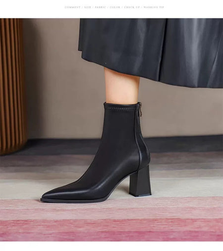 Noelia Short Leather Pointed Ankle Boots - side shot of boots on model, black - Miss Mosa By Akanksha