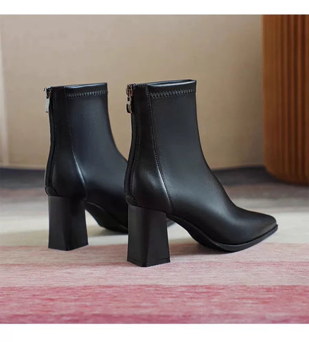 Noelia Short Leather Pointed Ankle Boots - back shot of boots, black - Miss Mosa By Akanksha