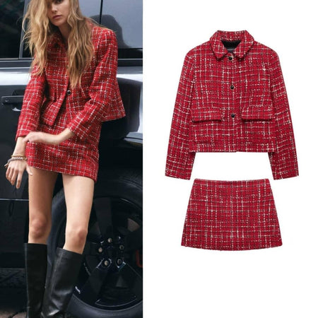 Noelle Luxe Tweed Coord Skort Set - full-length shot on model with flat-lay product shot, red - Miss Mosa By Akanksha
