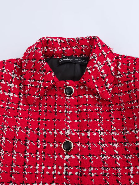 Noelle Luxe Tweed Coord Skort Set - close-up of collar and button detail, red - Miss Mosa By Akanksha