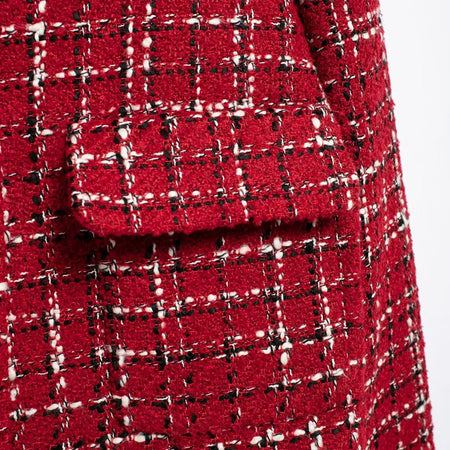 Noelle Luxe Tweed Coord Skort Set - close-up of pocket flap detail, red - Miss Mosa By Akanksha