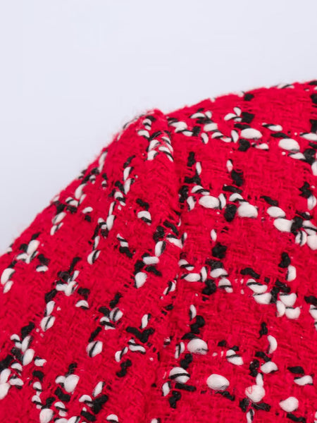 Noelle Luxe Tweed Coord Skort Set - close-up of tweed fabric detail, red - Miss Mosa By Akanksha