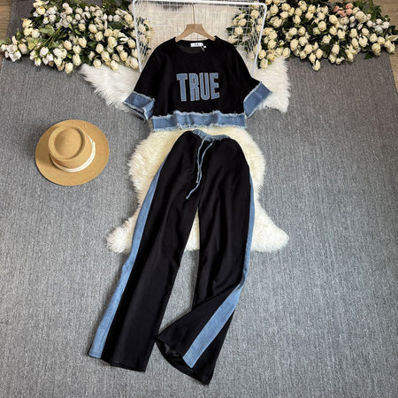 Noemi Knitted Soft Denim Co-ord Set In Black - flat-lay product shot of co-ord top and trousers - Miss Mosa By Akanksha