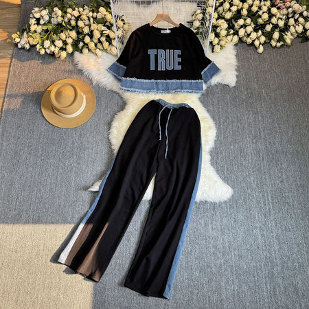 Noemi Knitted Soft Denim Co-ord Set In Black - flat-lay product shot of co-ord top and trousers - Miss Mosa By Akanksha