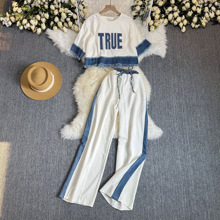 Noemi Knitted Soft Denim Co-ord Set In White - flat-lay product shot of co-ord top and trousers - Miss Mosa By Akanksha