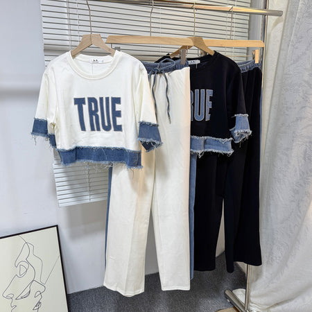 Noemi Knitted Soft Denim Co-ord Set In White - hanging product shot with white and black colour options - Miss Mosa By Akanksha