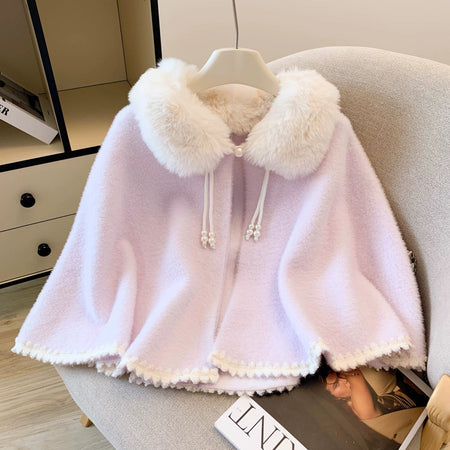 Noemi Luxe Fur Cape - flat-lay shot, lilac with white fur collar - Miss Mosa By Akanksha