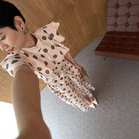 Noemie Ruffle Polka Maxi Dress - styled overhead shot, cream with brown polka dots - Miss Mosa By Akanksha