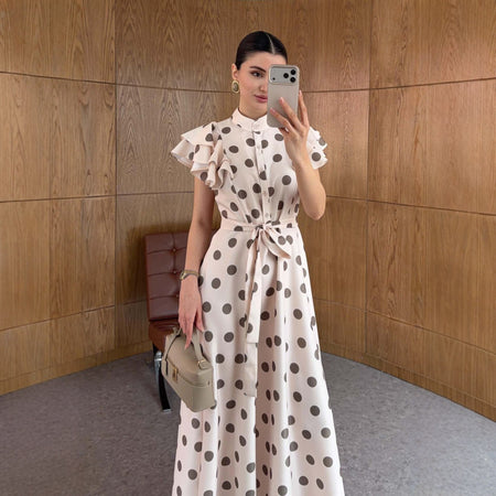Noemie Ruffle Polka Maxi Dress - front shot, cream with brown polka dots - Miss Mosa By Akanksha