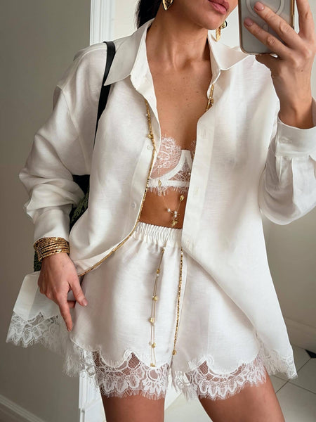 Noor Lace Coord Short Set - mirror front shot on model, cream - Miss Mosa By Akanksha