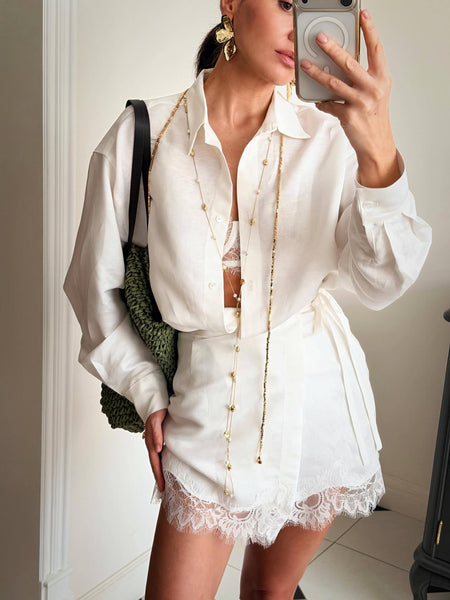Noor Lace Coord Short Set - mirror front shot on model, white - Miss Mosa By Akanksha