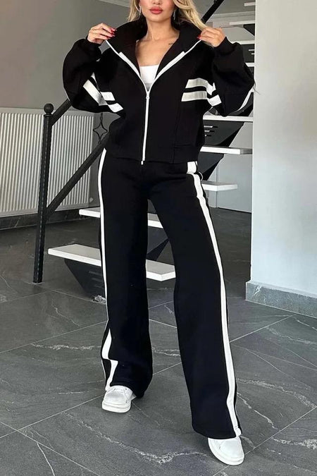 Nora Comfortable Premium Tracksuit - full-length front shot on model, black and white - Miss Mosa By Akanksha