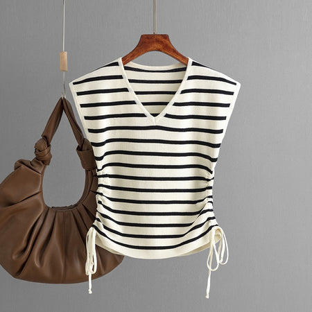 Norie Striped Knit Summer Top In Beige - flat-lay product shot on hanger - Miss Mosa By Akanksha