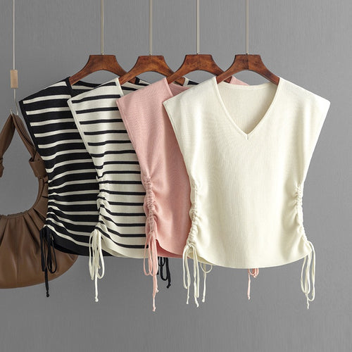 Norie Striped Knit Summer Top In Beige