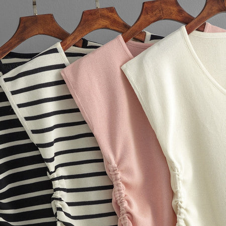 Norie Striped Knit Summer Top In Beige - close-up group shot of folded knit tops - Miss Mosa By Akanksha