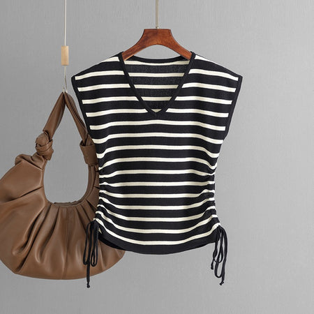 Norie Striped Knit Summer Top In Black - flat-lay product shot on hanger - Miss Mosa By Akanksha
