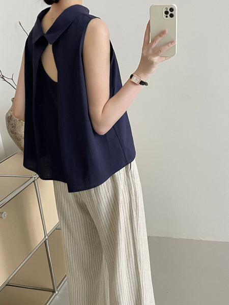 Norris Summer Top In Navy Blue - back shot on model showing keyhole detail - Miss Mosa By Akanksha