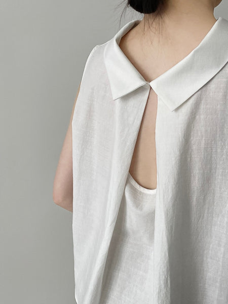Norris Summer Top In White - close-up back shot of collar and keyhole detail on model - Miss Mosa By Akanksha