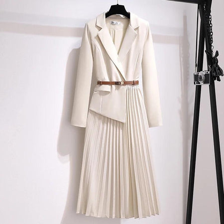 Nova Elegant Pleated Blazer Dress - front shot on hanger, cream - Miss Mosa By Akanksha
