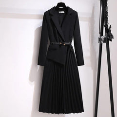 Nova Elegant Pleated Blazer Dress - front shot on hanger, black - Miss Mosa By Akanksha
