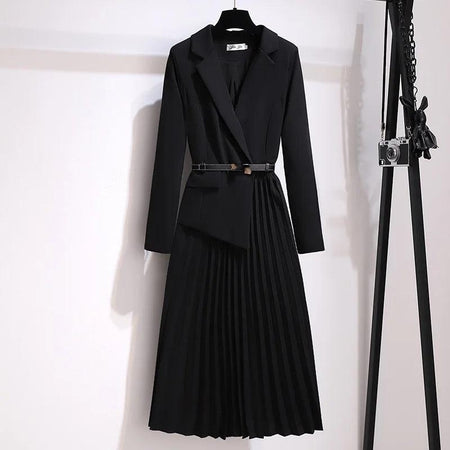 Nova Elegant Pleated Blazer Dress - front shot on hanger, black - Miss Mosa By Akanksha