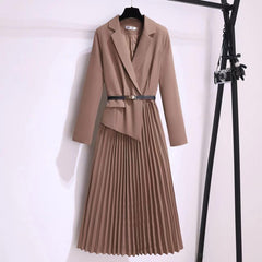 Nova Elegant Pleated Blazer Dress - front shot on hanger, brown - Miss Mosa By Akanksha