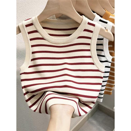 Ocean Striped Knit Summer Top In Beige - flat-lay product shot of stacked tops - Miss Mosa By Akanksha