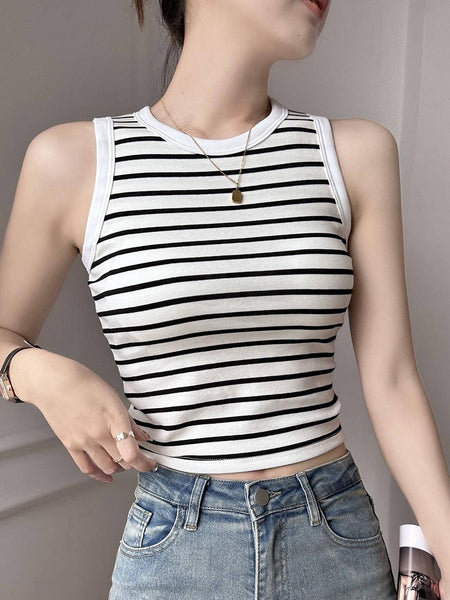 Ocean Striped Knit Summer Top In White - front shot on model - Miss Mosa By Akanksha
