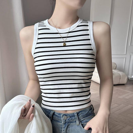 Ocean Striped Knit Summer Top In White - front shot on model - Miss Mosa By Akanksha