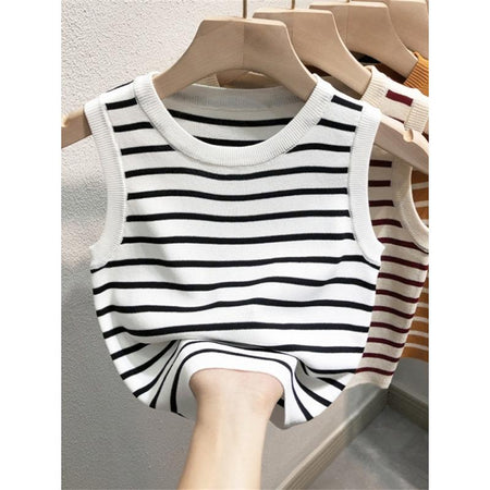 Ocean Striped Knit Summer Top In White - flat-lay product shot on hanger - Miss Mosa By Akanksha