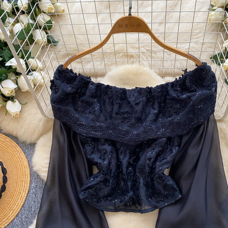Odessa Embroidery Off Shoulder Top - sleeve detail shot, navy blue - Miss Mosa By Akanksha