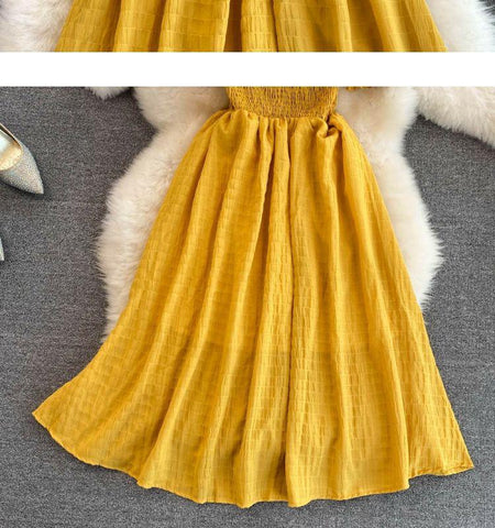Off Shoulder Florida Dress - close-up of fabric texture, mustard yellow - Miss Mosa By Akanksha