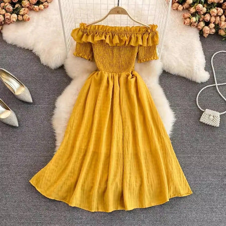 Off Shoulder Florida Dress - styled flat-lay shot, mustard yellow - Miss Mosa By Akanksha
