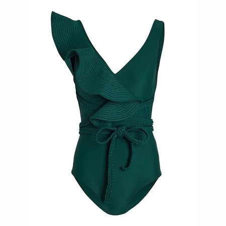 Oh Heaven Statement Swimsuit In Teal - front shot on hanger, green - Miss Mosa By Akanksha