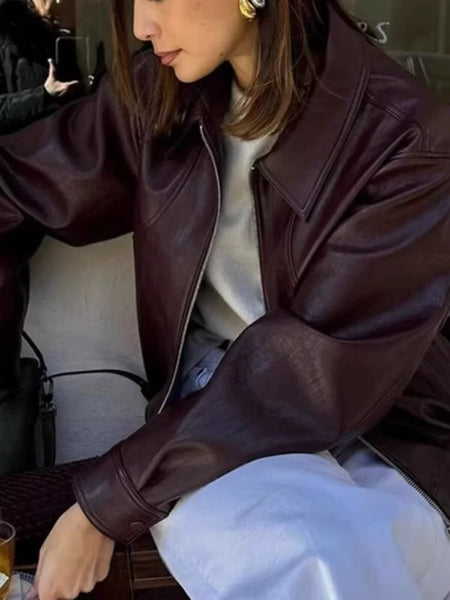 Oksana Premium Leather Jacket - front shot on model, burgundy - Miss Mosa By Akanksha