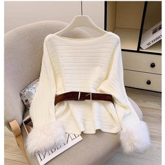Olatz Fur Sweater With Belt - flat-lay product shot, off-white - Miss Mosa By Akanksha