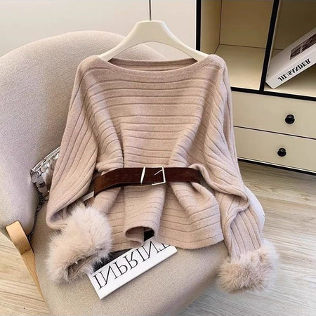 Olatz Fur Sweater With Belt - flat-lay product shot, beige - Miss Mosa By Akanksha
