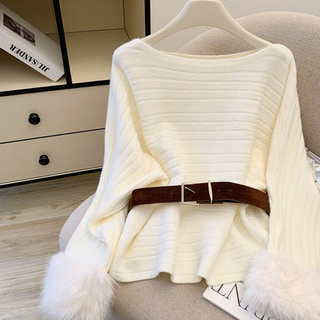 Olatz Fur Sweater With Belt - flat-lay product shot, off-white - Miss Mosa By Akanksha