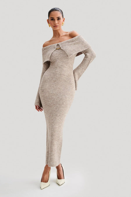 Oliana Off Shoulder Woolen Dress - full-length shot on model, oatmeal - Miss Mosa By Akanksha