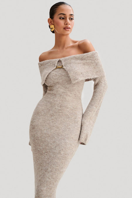 Oliana Off Shoulder Woolen Dress - front shot on model, oatmeal - Miss Mosa By Akanksha