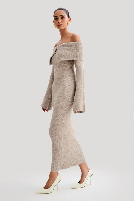 Oliana Off Shoulder Woolen Dress - side shot on model, oatmeal - Miss Mosa By Akanksha