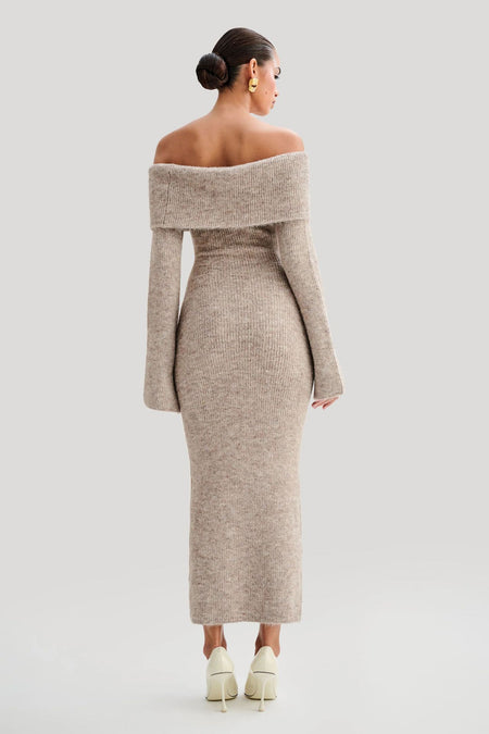 Oliana Off Shoulder Woolen Dress - back shot on model, oatmeal - Miss Mosa By Akanksha