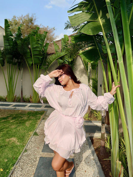 Olio Rose Ruffle Mini Dress - three-quarter shot, light pink - Miss Mosa By Akanksha