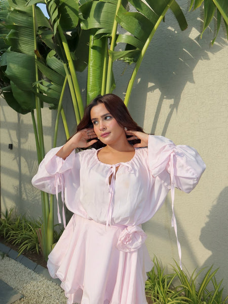 Olio Rose Ruffle Mini Dress - front close-up shot, light pink - Miss Mosa By Akanksha