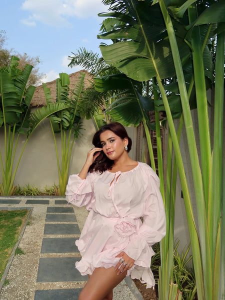 Olio Rose Ruffle Mini Dress - seated shot, light pink - Miss Mosa By Akanksha