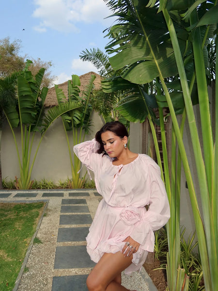 Olio Rose Ruffle Mini Dress - seated shot, light pink - Miss Mosa By Akanksha