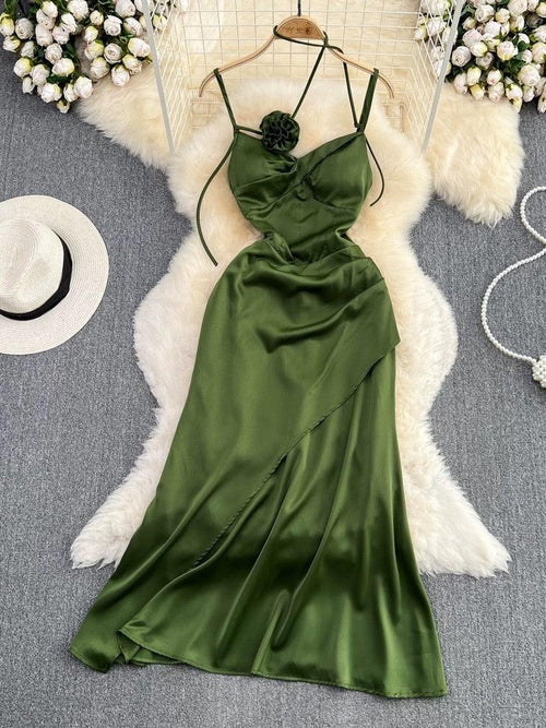 Olive Rosette Midi Dress In Olive