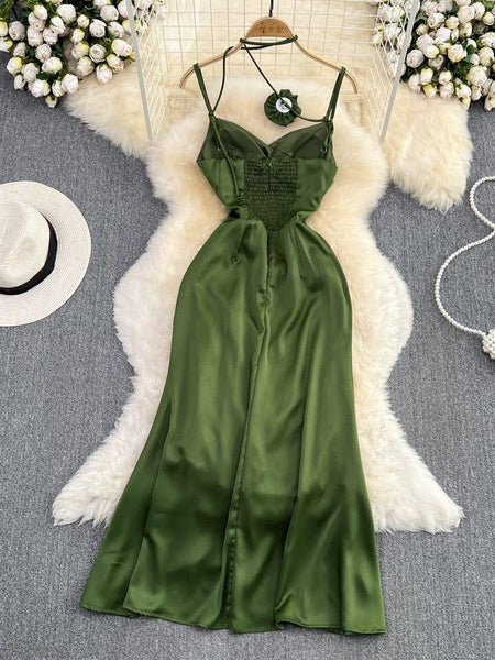 Olive Rosette Midi Dress In Olive - full-length flat lay on hanger - Miss Mosa By Akanksha