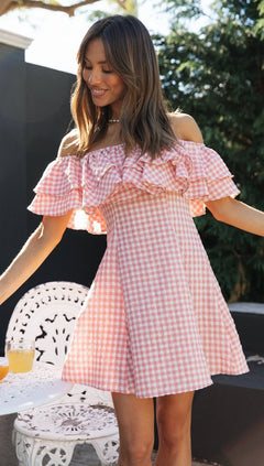 Olivia Off Shoulder Mini Dress - three-quarter shot, pink and white gingham - Miss Mosa By Akanksha